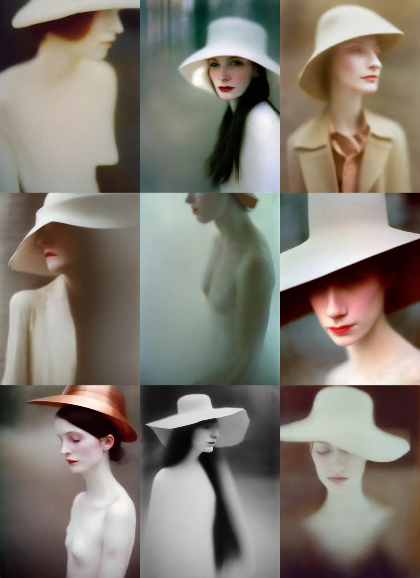 Prompt: out of focus photorealistic portrait of a beautiful aesthetic pale woman by saul leiter, very blurry, translucent white skin, closed eyes, foggy, with a copper hat