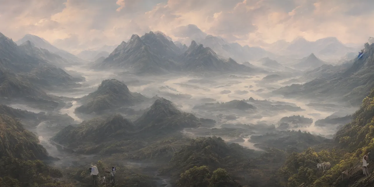 Image similar to a beautiful painting of a scene about a panorama of rivers and mountains, by james jean and yuumei and wang ximeng, trending on artstation., ultrawide viewn and highly detailed matte painting