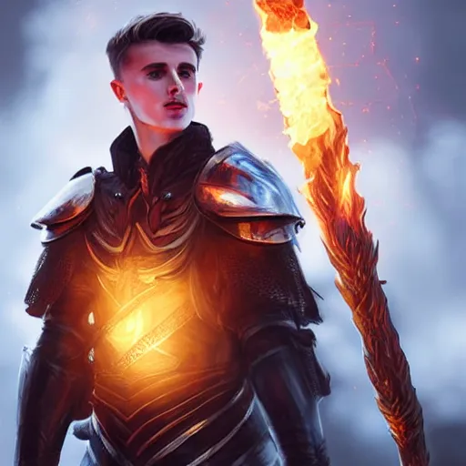 Prompt: Mason Mount wearing plate armour holding a glowing fire magical staff. Trending on Artstation octane render ultra detailed art by Ross tran