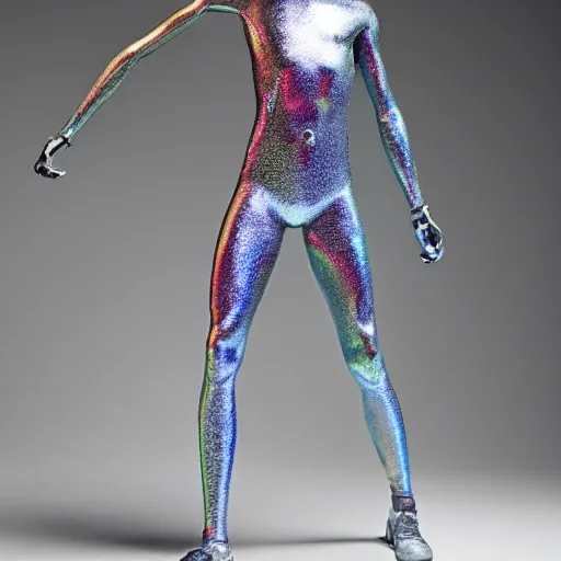 Prompt: a holographic athletic metal manequin, photographed by erwin olaf