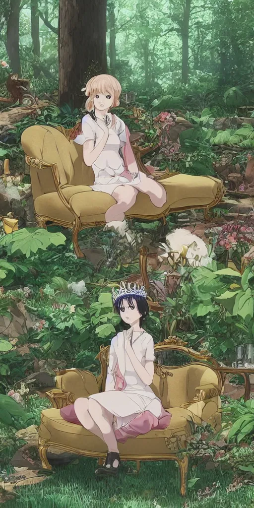 Image similar to the queen of good vibes sitting by herself on a sofa in a forest, drawn by CloverWorks, intricate detail