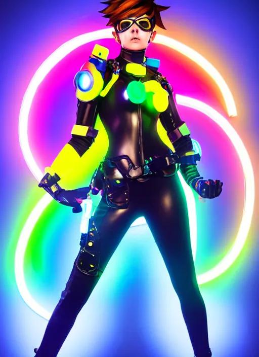 Image similar to full body overwatch style oil painting portrait of tracer overwatch, confident pose, wearing black jagged iridescent rainbow latex armor, rainbow, neon, 4 k, expressive surprised expression, makeup, wearing large rainbow neon choker, studio lighting, black leather harness, expressive detailed face and eyes,