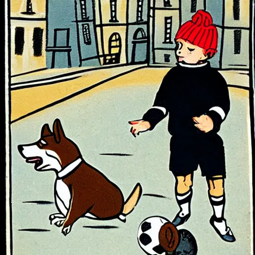 Image similar to book illustration of a french boy on the streets of paris playing football against a corgi, the dog is wearing a polka dot scarf, 1 9 6 6