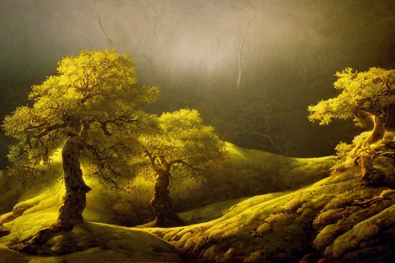 Image similar to masterpiece painting of oak trees on a hillside overlooking a creek, dramatic lighting, by andreas franke