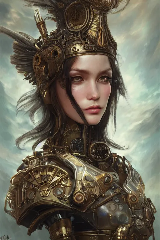 Prompt: ultra realist and ultra intricate detailed soft painting of a beautiful mechwarrior girl in steampunk armor, thin lustrous hair, symmetry features, sensual gloomy style, soft painting, volumetric clouds, fantasy background, artstation, Tom Bagshaw artstyle, unreal render