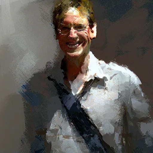 Prompt: a happy white man, painted by Craig Mullins