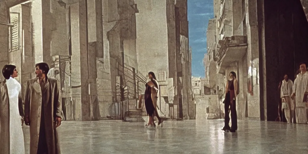 Prompt: a scene from the movie la felicita ( 1 9 7 1 ) by luchino visconti with mastroianni and claudia cardinale walking in a scifi cyberpunk futurist city reminiscent of the ( ( ( ideal city by piero della francesca. technicolor ) ) ), cinematic, 5 0 mm, highly detailed