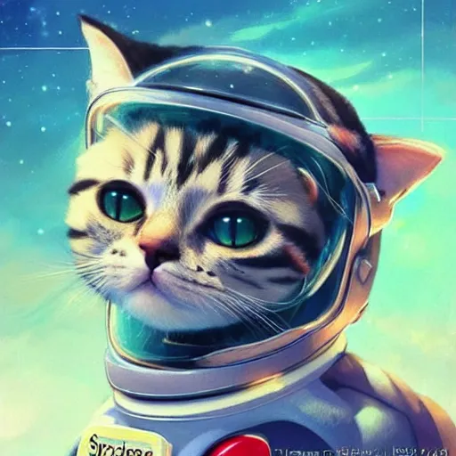 Image similar to head and shoulders masterpiece portrait of a cute adorable cat wearing a spacesuit, surreal background, digital art by krenz cushart, trending on artstation, cgsociety,