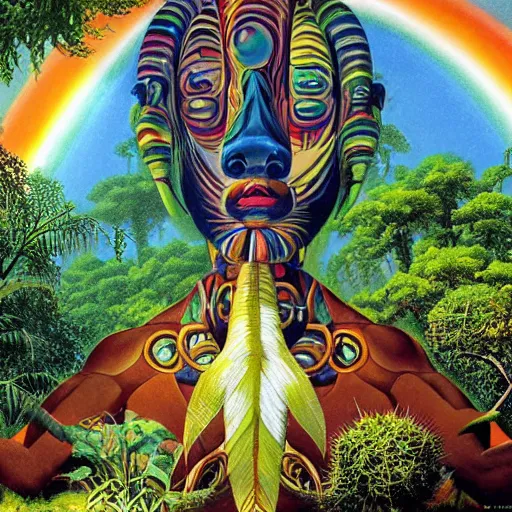 Prompt: amazon jungle person totem rainbow spirit energy, style of rob gonsalves, chris foss, gil elvgren, dali