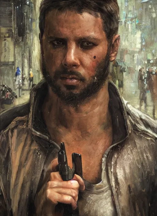 Image similar to Cyberpunk mechanic (blade runner 2049, cyberpunk 2077). Orientalist portrait by john william waterhouse and James Gurney and Theodore Ralli and Nasreddine Dinet, oil on canvas. Cinematic, hyper realism, realistic proportions, dramatic lighting, high detail 4k