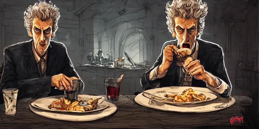 Image similar to cartoonish peter capaldi eating dinner, character sheet, fine details, concept design, contrast, kim jung gi, greg rutkowski, trending on artstation, 8 k, full body, turnaround, front view, back view, ultra wide angle