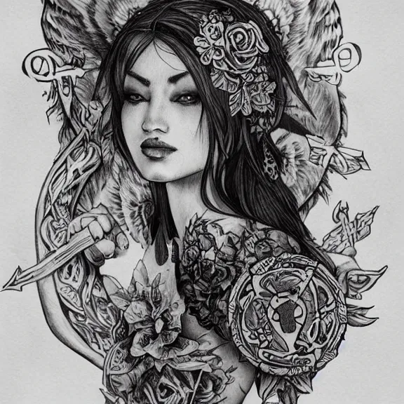 Image similar to Adriana Chechikcovered in floral tattoos and wicca runes , D&D, fantasy, highly detailed, digital art, trending on artstation, smooth, sharp focus, illustration, art by Peter Tang and artgem