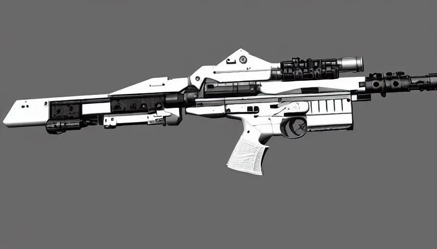 Prompt: extremely detailed realistic side view of a sci fi bullpup gauss rifle, detailed pistol trigger, chemically propelled, massive battery, smooth and square, side fed, railgun, chemrail, gauss, elegant sleek smooth body, white paint, sleek utopian design, ultra high quality, insane, octane, call of duty, warframe, terminator