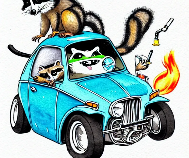 Image similar to cute and funny, racoon with a cigarette in mouth wearing a helmet riding in a tiny hot rod coupe with oversized engine, ratfink style by ed roth, centered award winning watercolor pen illustration, isometric illustration by chihiro iwasaki, edited by range murata