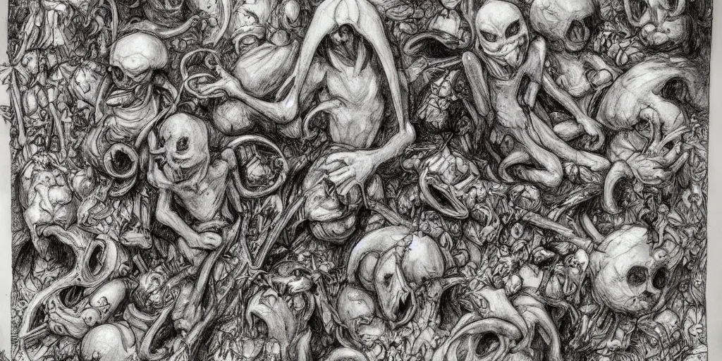 Prompt: high detailed drawing of smurfs and long white bones black and white, leaking oil, Brian Froud style
