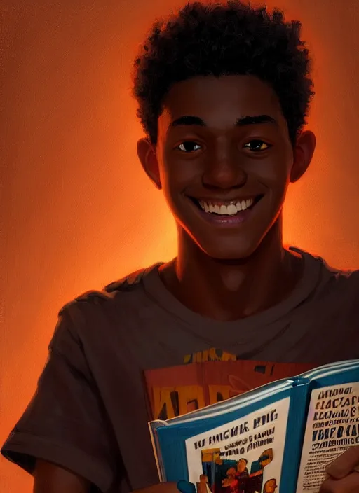 Image similar to portrait of teenage chuck clayton, black teenage boy, short curly hair, short hair square jaw, slight excited smile, reading a comic book, intricate, elegant, glowing lights, highly detailed, digital painting, artstation, concept art, smooth, sharp focus, illustration, art by wlop, mars ravelo and greg rutkowski