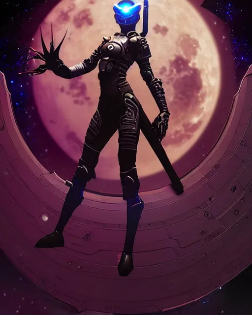 Image similar to a fed up cyber astro woman in a dynamic pose like from skyrim and elden ring and grand theft auto and overwatch, character portrait, portrait, close up, concept art, intricate details, extremely detailed, realistic vintage scifi poster, beautiful figure, style of chris foss, rodger dean, moebius, michael whelan, lumi, and gustave dore, deep color, flash