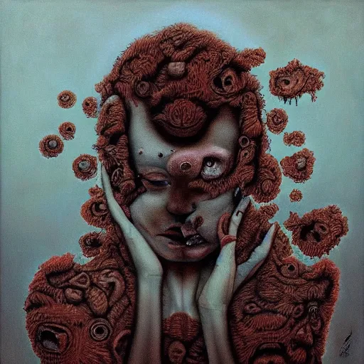 Image similar to dramatic portrait painting of sad woman with black mandelbrot fractal instead of face, in style of zdzisław beksinski, horror, body horror, dark, disturbing,