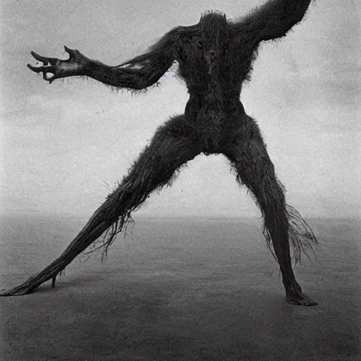 Image similar to vintage photography of faceless beast-god with many long arms, a huge body covered with deep furs by Zdzisław Beksiński, odd eye, dark fantasy, detaling