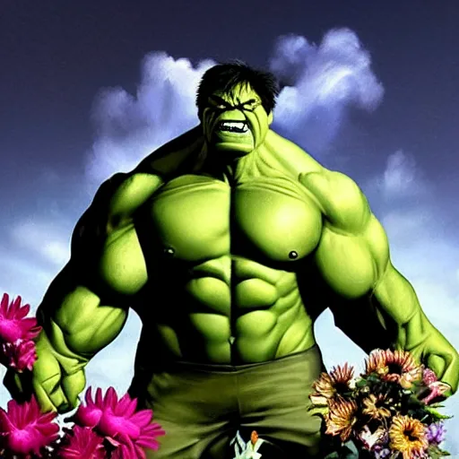 Image similar to hyper realistic image of hulk with love and flowers