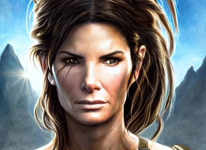 Image similar to face portrait of concentrated young Sandra Bullock as Lara Croft entering the large Minas Tirith gate, sun beams, intricate, elegant, highly detailed, centered, digital painting, artstation, concept art, smooth, sharp focus, illustration, Allan Lee, John Howe