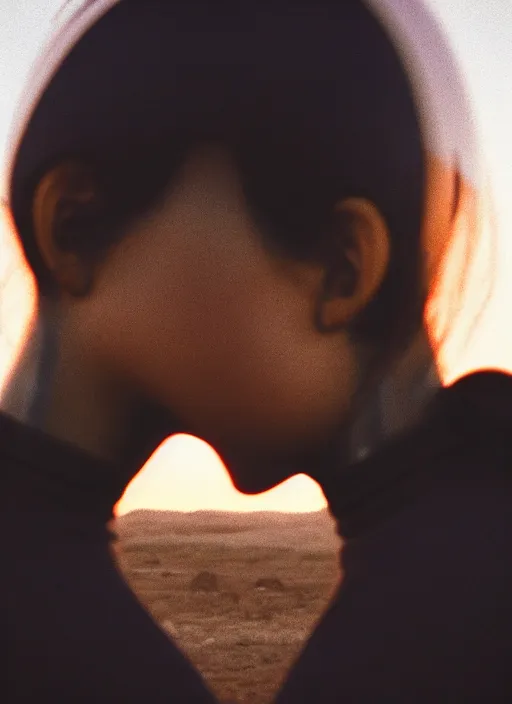 Image similar to cinestill 5 0 d photographic portrait of two loving female androids wearing rugged black techwear on a desolate plain with a brutalist monument and a red sky, extreme closeup, cyberpunk style, dust storm, 8 k, hd, high resolution, 3 5 mm, f / 3 2, ultra realistic faces, ex machina