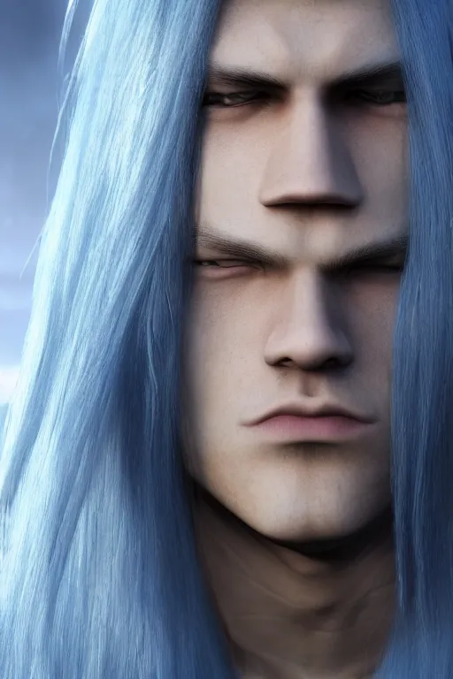 Image similar to a male teenager with long blue hair and yellow eyes wearing a winter overcoat, hyperrealistic, concept art, octane render, unreal engine 5, trending on artstation, high quality, 8 k, highly detailed, digital art, anatomically correct, symmetrical, realistic and defined face, high coherence, path traced, face portrait, yellow eyes, blue hair