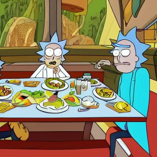 Prompt: rick and morty having dinner in spaceship metallic, layered paper style