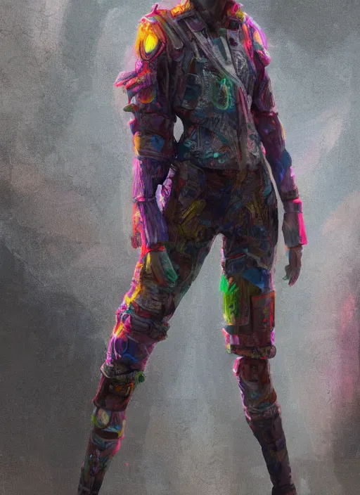 Image similar to detailed full body concept art illustration colorful oil painting of a dystopian female in full intricate clothing, ultra detailed, digital art, octane render, 4K, dystopian, micro details, hyper realistic