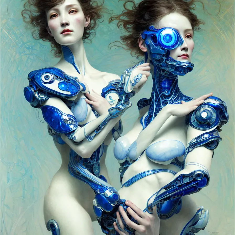 Prompt: organic cyborg, chinese blue and white porcelain, diffuse lighting, fantasy, intricate, elegant, highly detailed, lifelike, photorealistic, digital painting, artstation, illustration, concept art, smooth, sharp focus, art by john collier and albert aublet and krenz cushart and artem demura and alphonse mucha