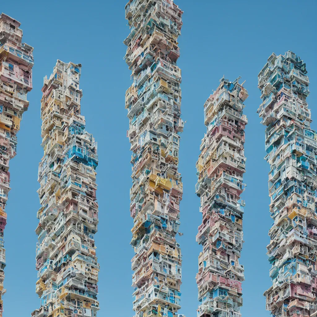 Prompt: close - up towers made up of colourful squatter housing, bleached colours, plain uniform light blue sky, dystopia, mamiya, very detailed, ultra sharp, photographed by john chiara