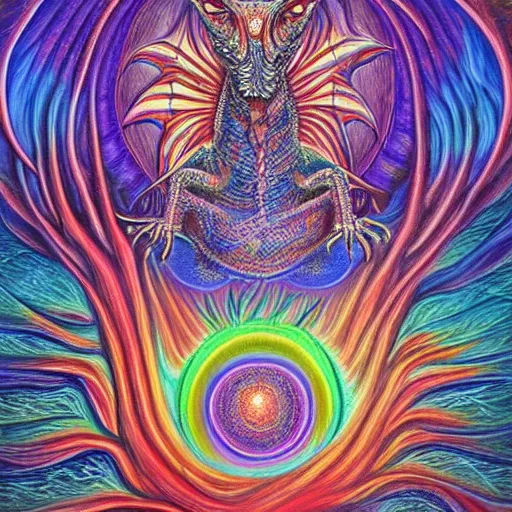 Image similar to a painting of a dragon with a psychedelic look, a detailed painting by alex grey, reddit contest winner, psychedelic art, detailed painting, psychedelic, ( ( made of crystals ) )