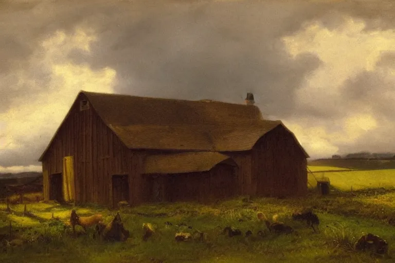 Image similar to a barn in the countryside, dramatic lighting, dramatic clouds, edward harrison compton