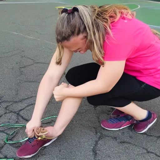 Image similar to lauren boebert struggling to tie her shoelaces, frustrated, angry