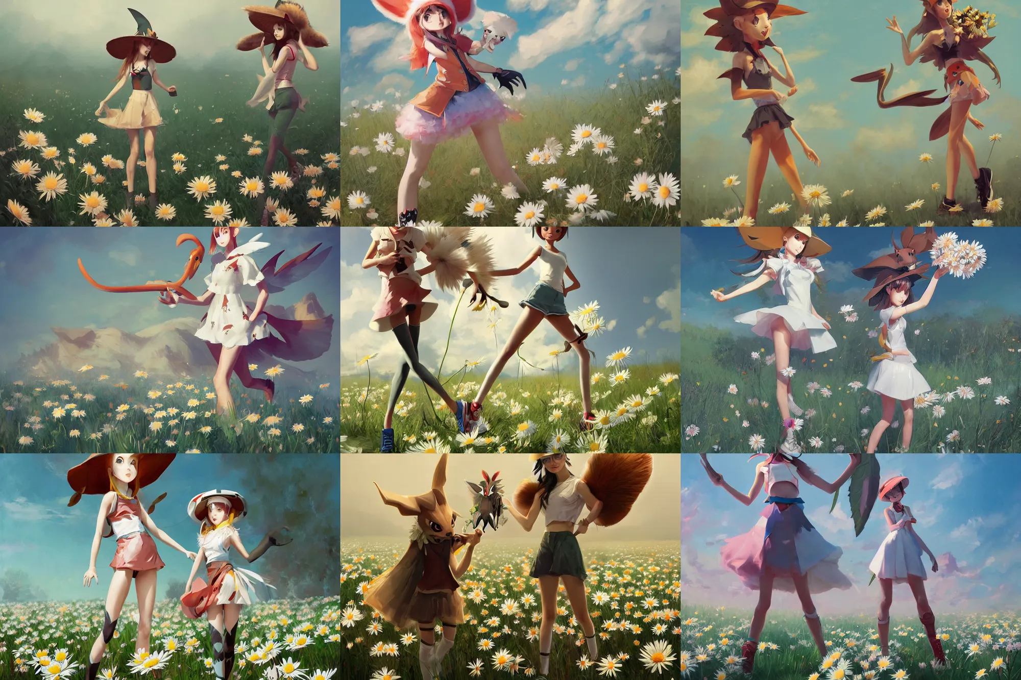 Prompt: anthropomorphic ledian pokemon girl like a mantis in a floe standing in a field of daisies wearing converse shoes and a davey crockett hat, digital illustration by ruan jia on artstation