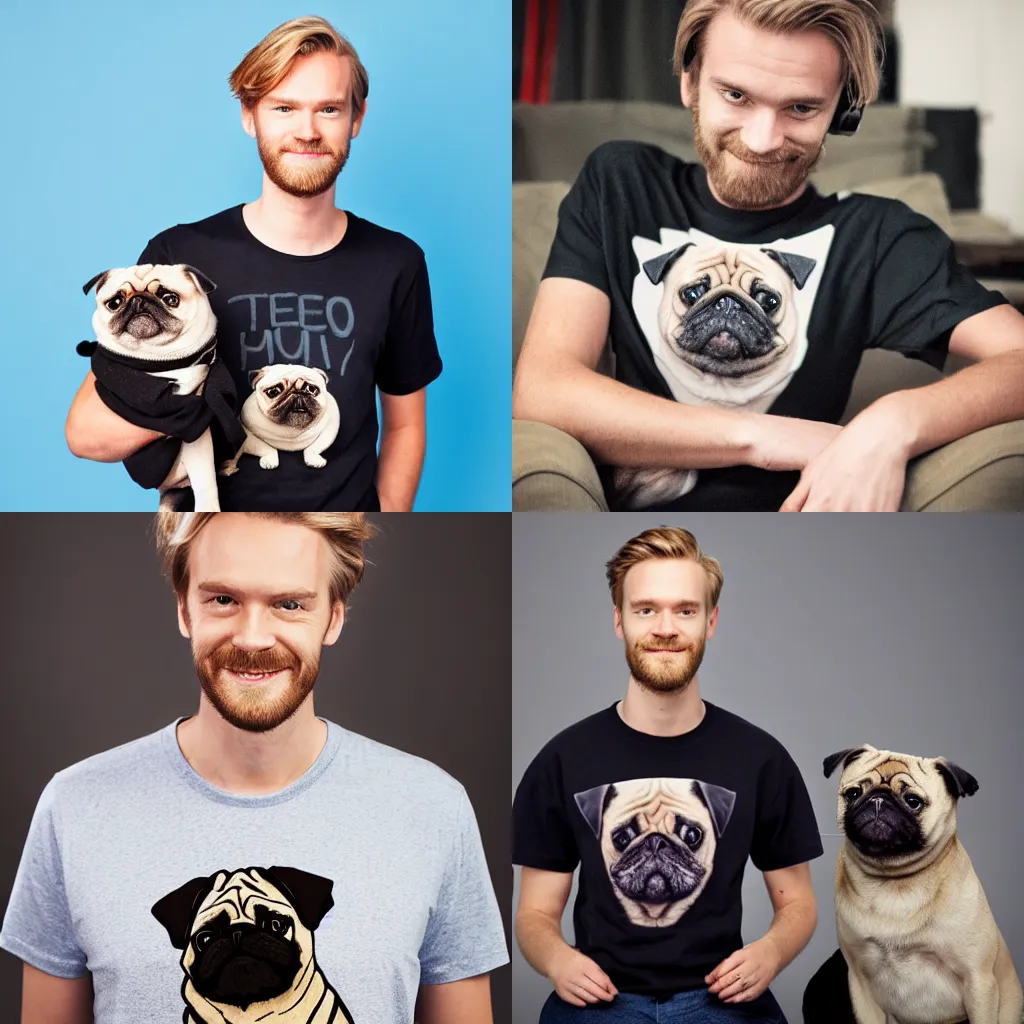 Prompt: A studio photograph of felix kjellberg wearing a t-shirt with a pug on it