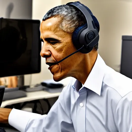 Prompt: Obama with gaming headset sitting at a desk with gaming gear and an RGB PC