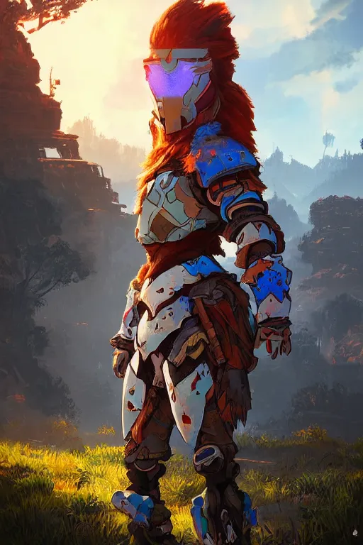 Image similar to combination suit armor aloy horizon forbidden west horizon zero dawn radiating a glowing aura global illumination ray tracing hdr fanart arstation by ian pesty and alena aenami artworks in 4 k tribal robot ninja mask helmet backpack