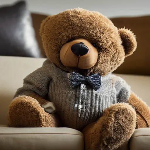 Prompt: a teddy bear getting up off the couch while staring at you creepy!!!!!! wearing a sweater vest, 4 k photo