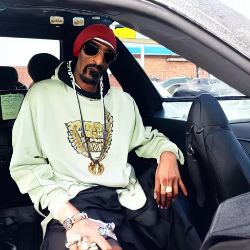 Image similar to Snoop Dogg is sitting in a police car wearing a cap C-11
