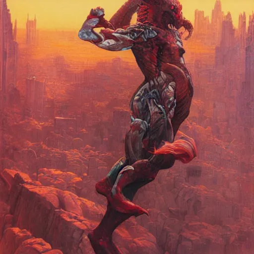 Image similar to portrait of immense, majestic, surreal, terrifying yosh from super smash standing triumphant over the city, perfectly clear face, by j. c. leyendecker, bosch, and beksinski