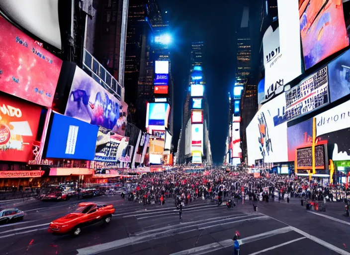 Image similar to film still of the moon shattering into pieces over time square in the new disaster movie, 8 k, night time