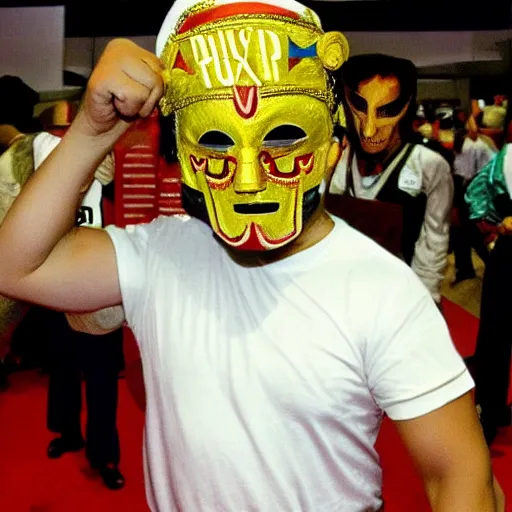 Image similar to trump as a boxeo fighter with a mexican mask.