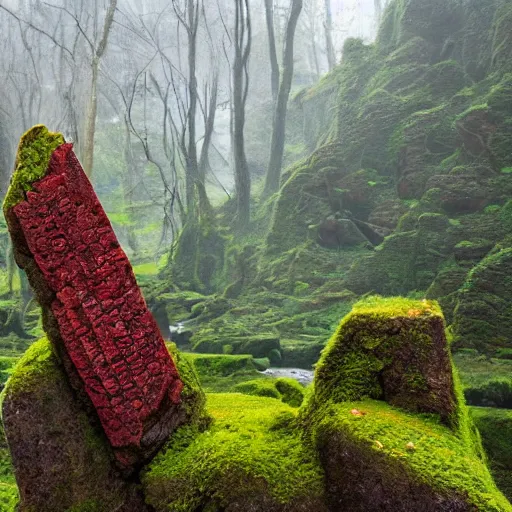 Image similar to the ruins of a giant stone brick village in a breathtaking landscape, red vines and moss growing over everything, a broken stone statue of a man with a red stone sword pointing into the distance