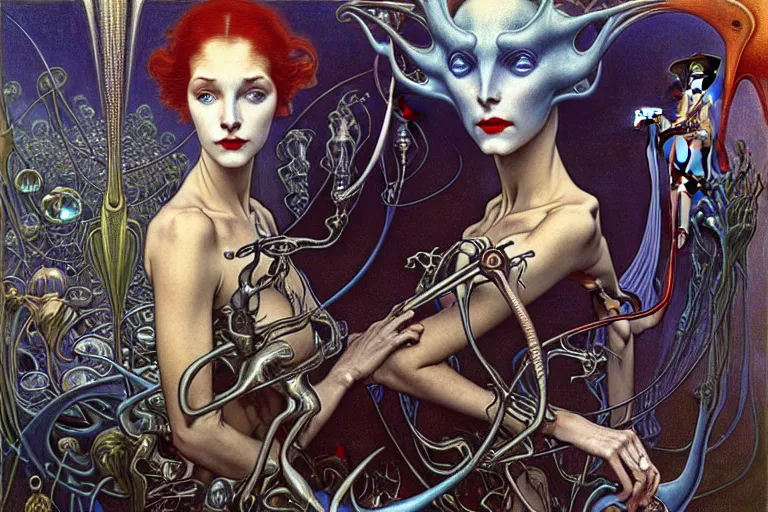 Image similar to realistic extremely detailed portrait painting of an elegant vampire in a crowded futuristic street, detailed alien crowd by Jean Delville, Amano, Yves Tanguy, Alphonse Mucha, Mark Brooks, Ernst Haeckel, Edward Robert Hughes, Roger Dean, rich moody colours, blue eyes