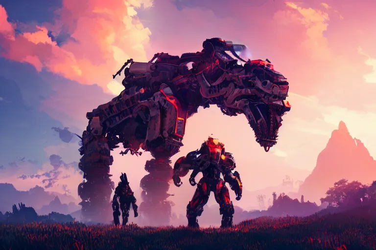 Image similar to behemoth machine mecanical creature robot of horizon forbidden west horizon zero dawn radiating a glowing aura global illumination ray tracing hdr fanart arstation by ian pesty and alena aenami artworks in 4 k