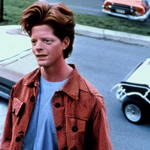 Prompt: back to the future starring eric stoltz as marty mcfly, iconic film still perfect composition,