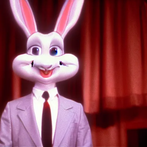 Image similar to Film still of Bugs Bunny in Twin Peaks (1990 TV Series, David Lynch), eerie, ominous, the black lodge (Twin Peaks)