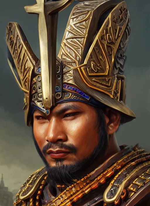 Image similar to smart breadtai warlord, closeup portrait, historical hero, ethnic group, tai costume, bronze headdress, intricate, with leather armor cross on chest, cotton textile, elegant, loin cloth, highly detailed, oil painting, artstation, concept art, matte, sharp focus, illustration, hearthstone, art by earl norem