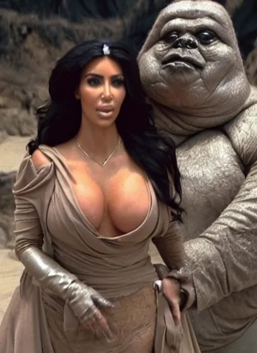 Prompt: film still of kim kardashian as princess leigha being held by jabba the hutt in star wars,